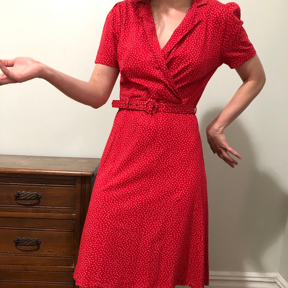 Retro style belted red and white polka dot dress M